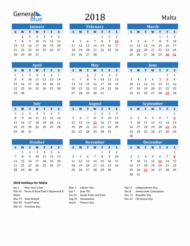Printable Calendar 2018 with Malta Holidays (Sunday Start)