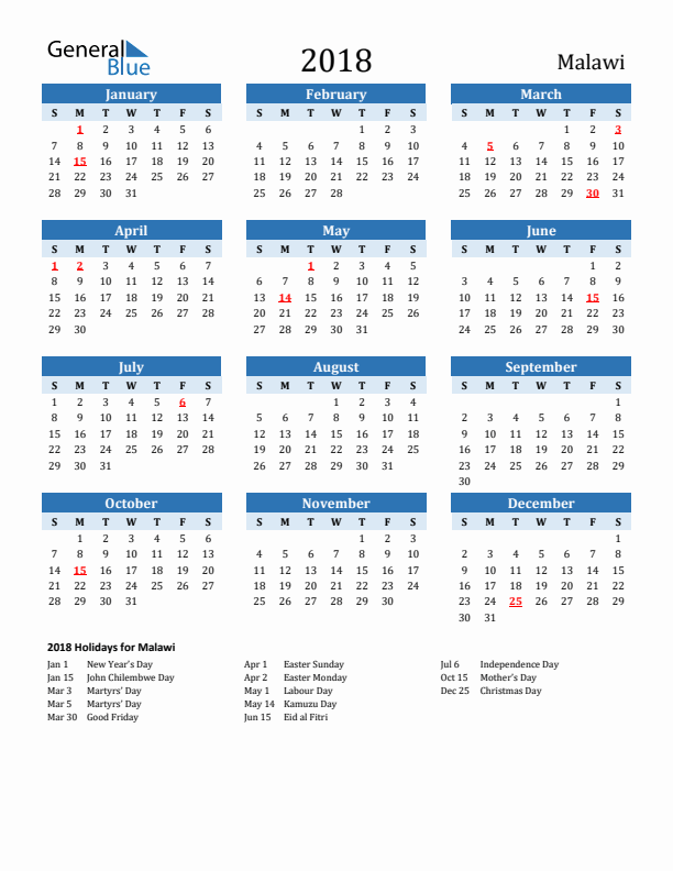 Printable Calendar 2018 with Malawi Holidays (Sunday Start)
