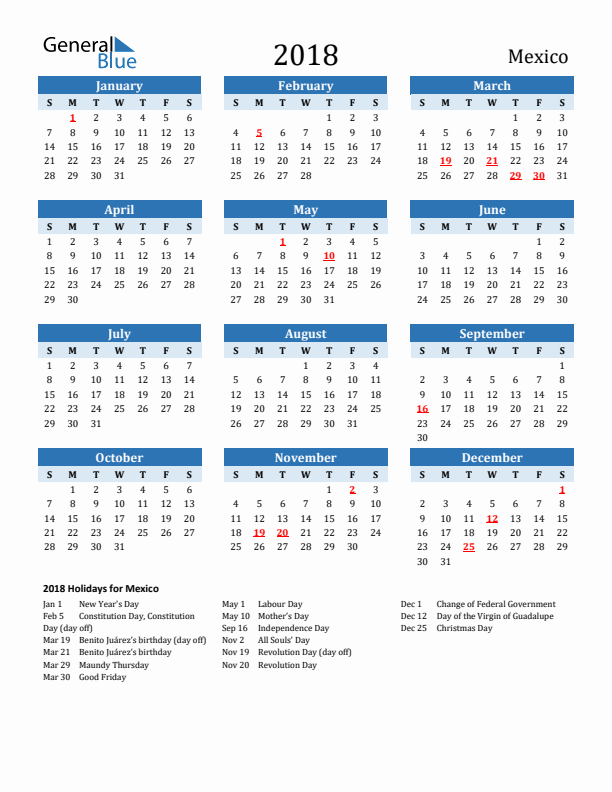 Printable Calendar 2018 with Mexico Holidays (Sunday Start)