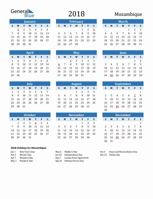Printable Calendar 2018 with Mozambique Holidays (Sunday Start)