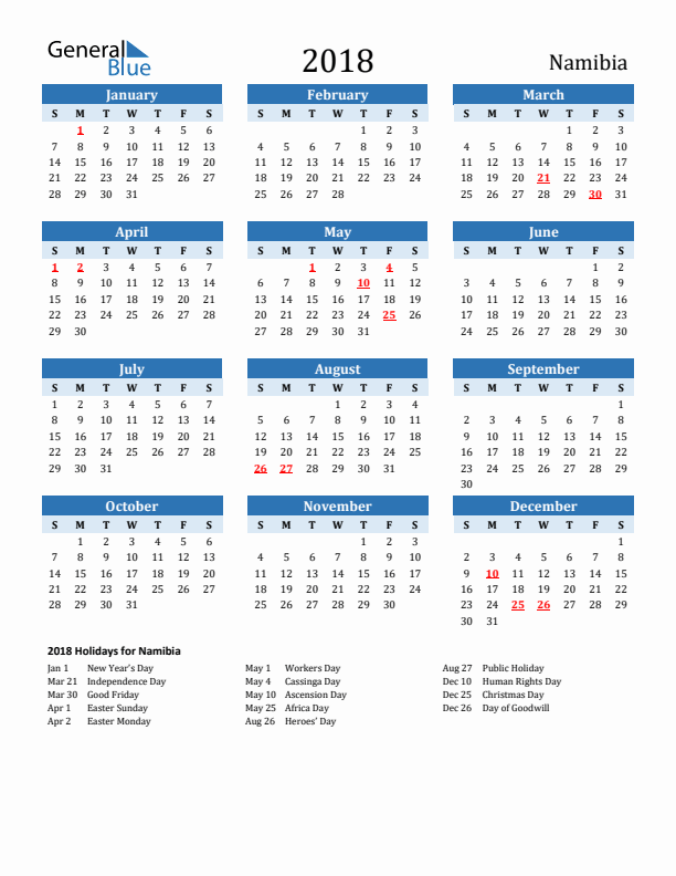 Printable Calendar 2018 with Namibia Holidays (Sunday Start)