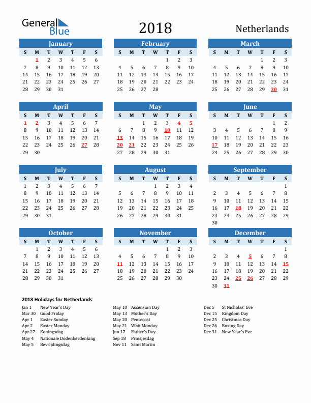 Printable Calendar 2018 with The Netherlands Holidays (Sunday Start)