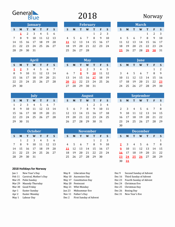 Printable Calendar 2018 with Norway Holidays (Sunday Start)