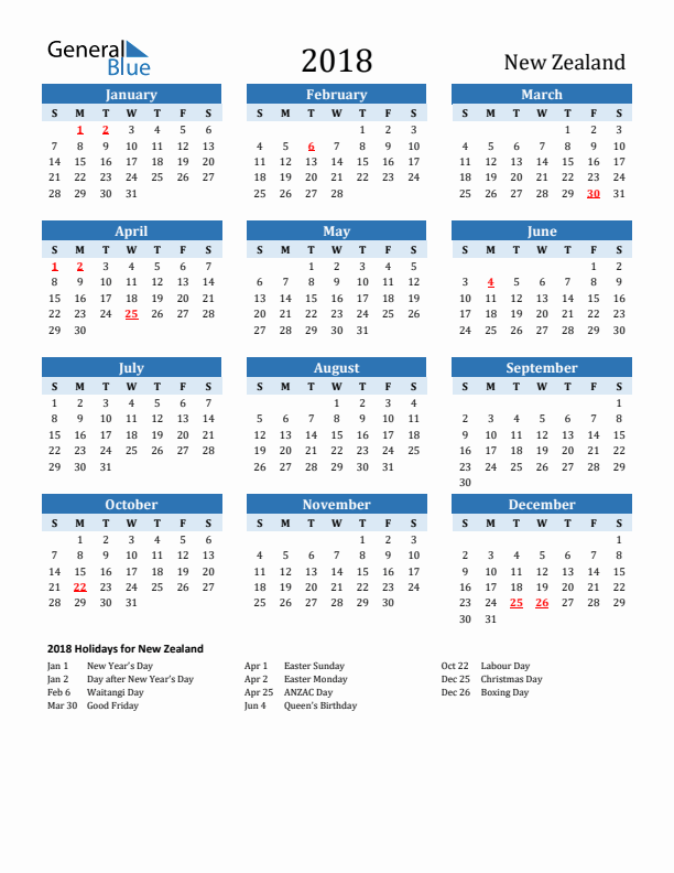 Printable Calendar 2018 with New Zealand Holidays (Sunday Start)
