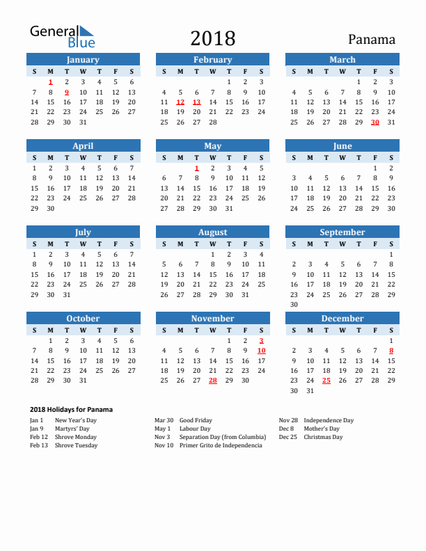 Printable Calendar 2018 with Panama Holidays (Sunday Start)