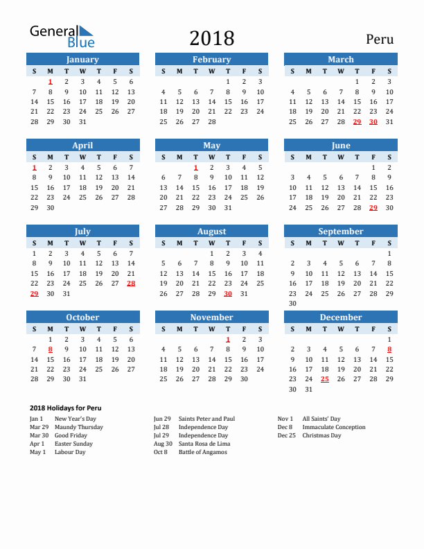 Printable Calendar 2018 with Peru Holidays (Sunday Start)
