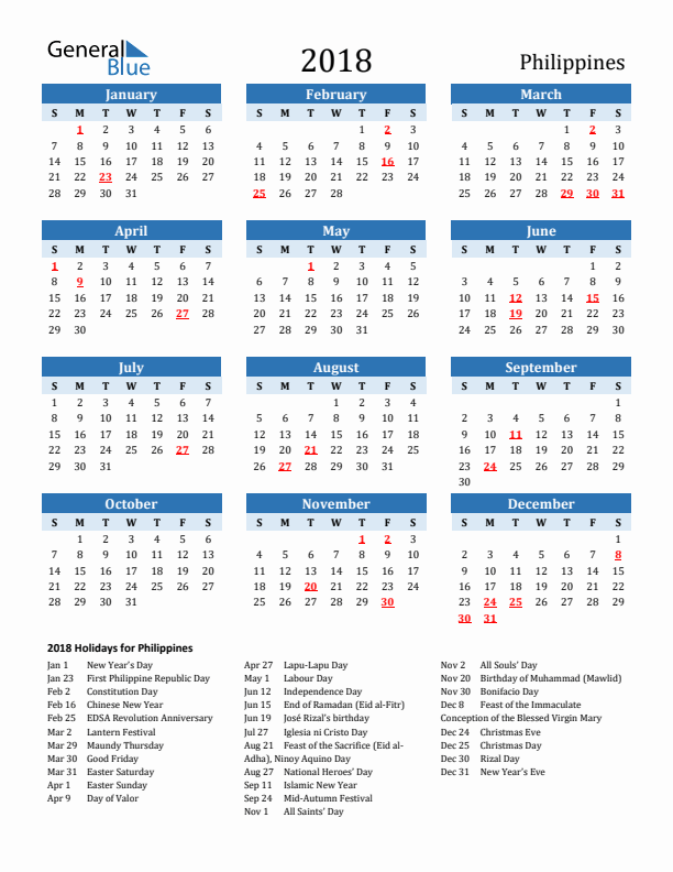 Printable Calendar 2018 with Philippines Holidays (Sunday Start)