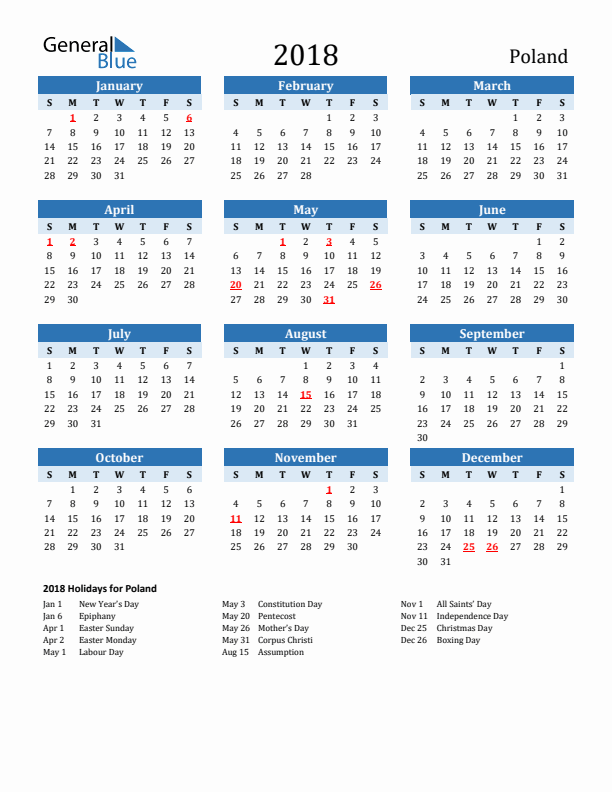 Printable Calendar 2018 with Poland Holidays (Sunday Start)