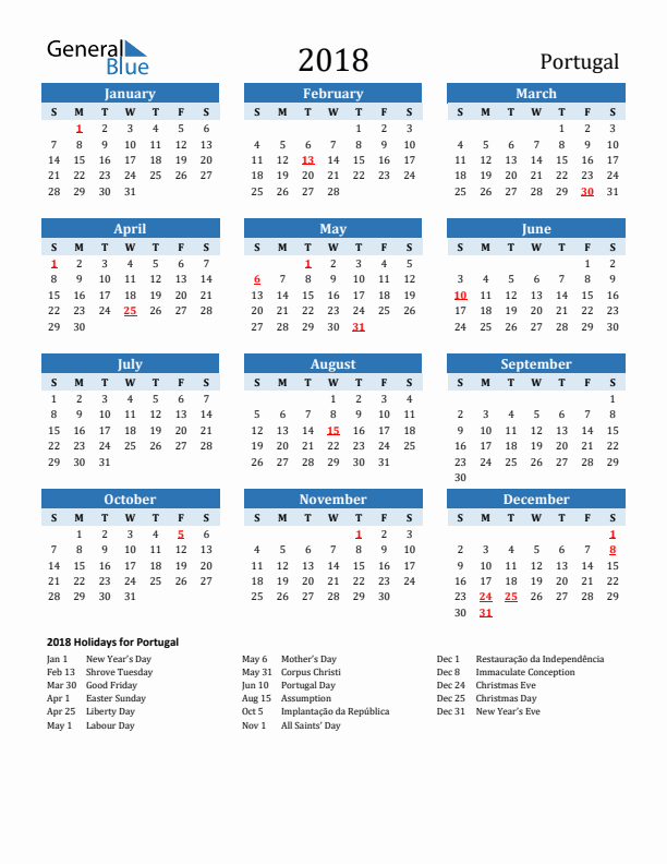 Printable Calendar 2018 with Portugal Holidays (Sunday Start)
