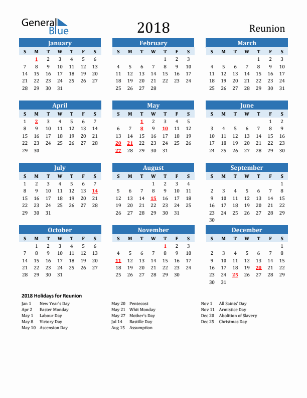 Printable Calendar 2018 with Reunion Holidays (Sunday Start)