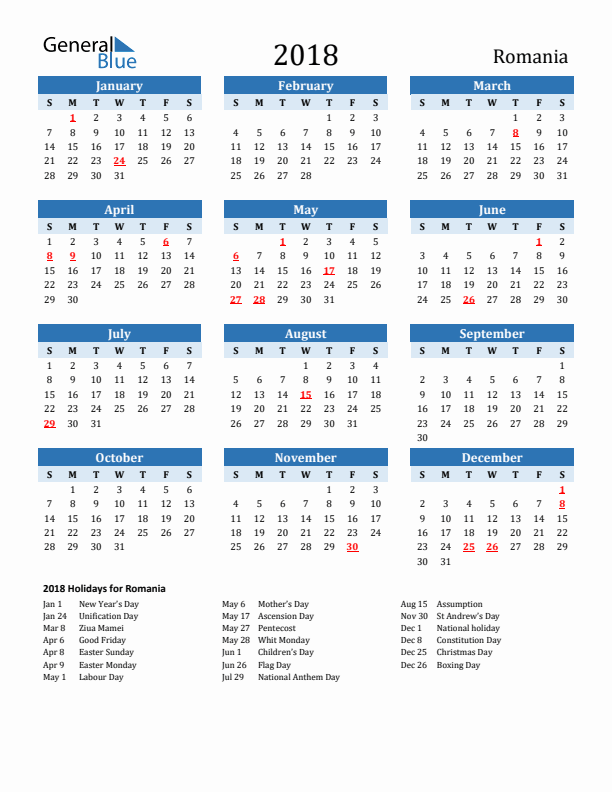 Printable Calendar 2018 with Romania Holidays (Sunday Start)
