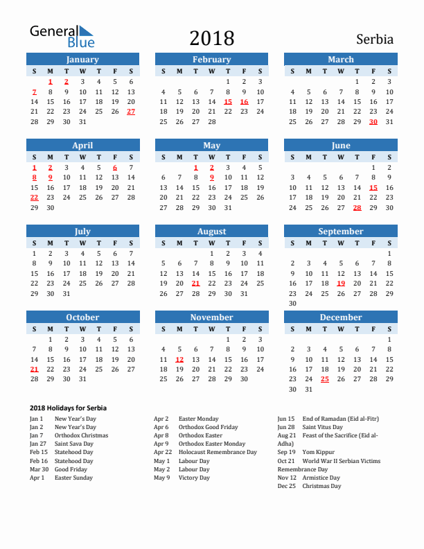 Printable Calendar 2018 with Serbia Holidays (Sunday Start)