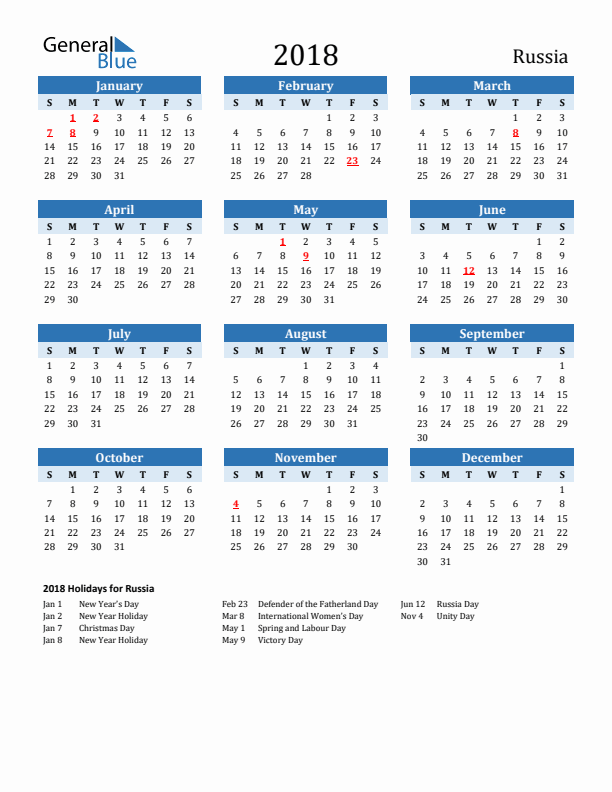Printable Calendar 2018 with Russia Holidays (Sunday Start)