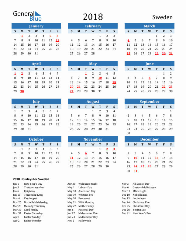Printable Calendar 2018 with Sweden Holidays (Sunday Start)