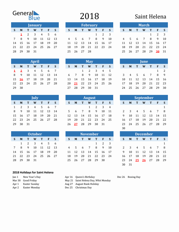 Printable Calendar 2018 with Saint Helena Holidays (Sunday Start)