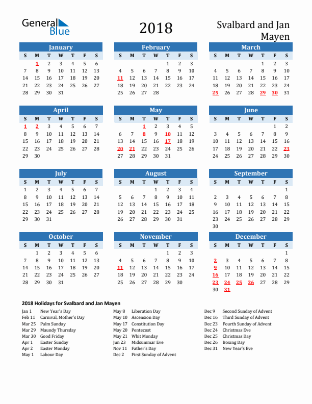 Printable Calendar 2018 with Svalbard and Jan Mayen Holidays (Sunday Start)