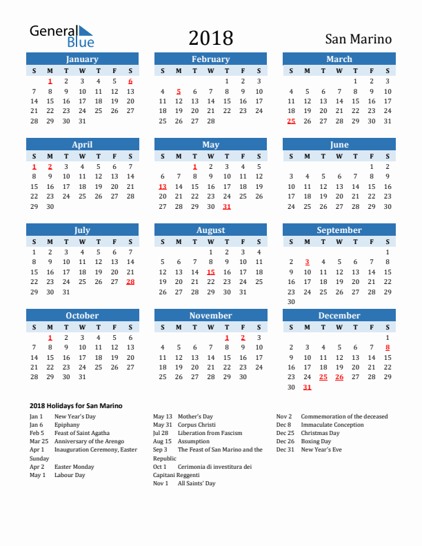 Printable Calendar 2018 with San Marino Holidays (Sunday Start)