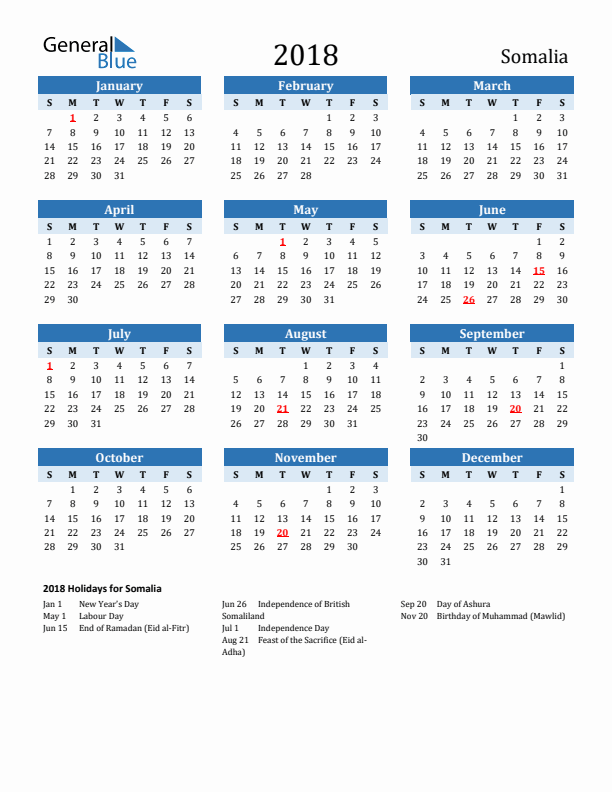 Printable Calendar 2018 with Somalia Holidays (Sunday Start)