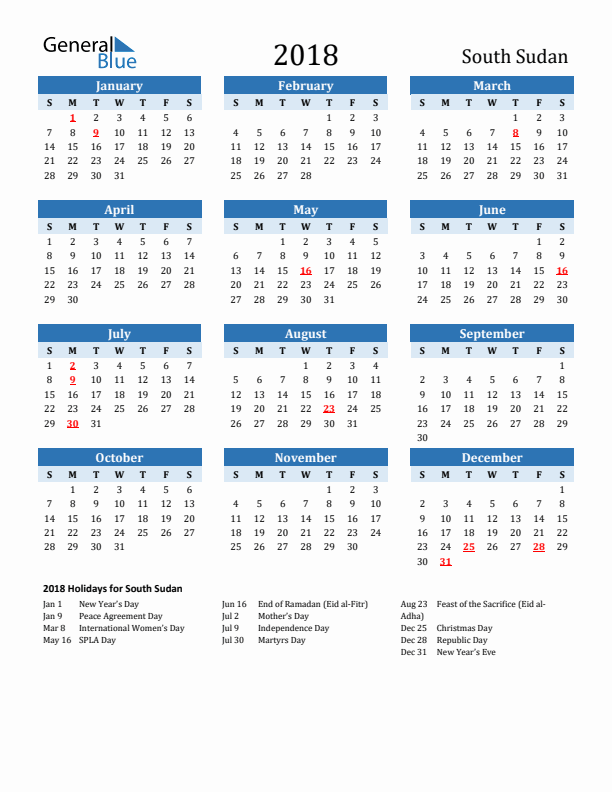 Printable Calendar 2018 with South Sudan Holidays (Sunday Start)