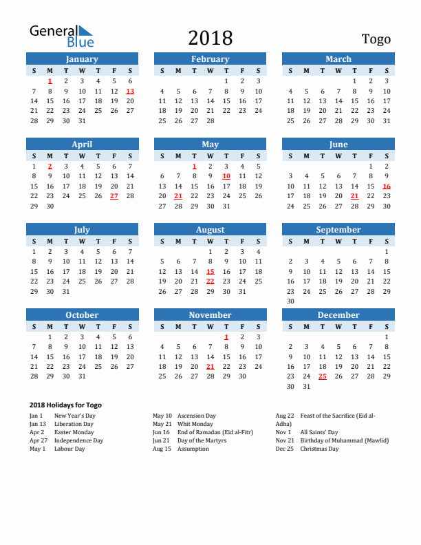 Printable Calendar 2018 with Togo Holidays (Sunday Start)