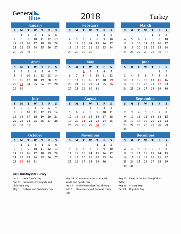 Printable Calendar 2018 with Turkey Holidays (Sunday Start)