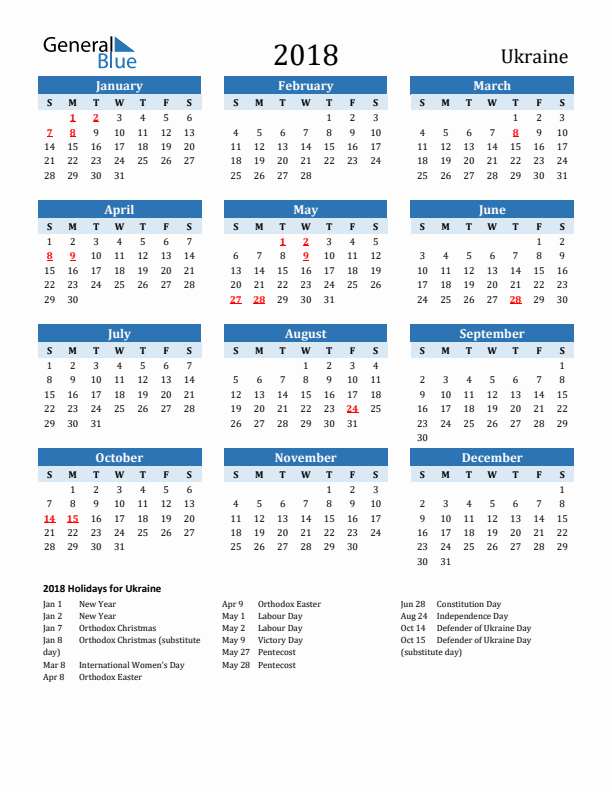 Printable Calendar 2018 with Ukraine Holidays (Sunday Start)