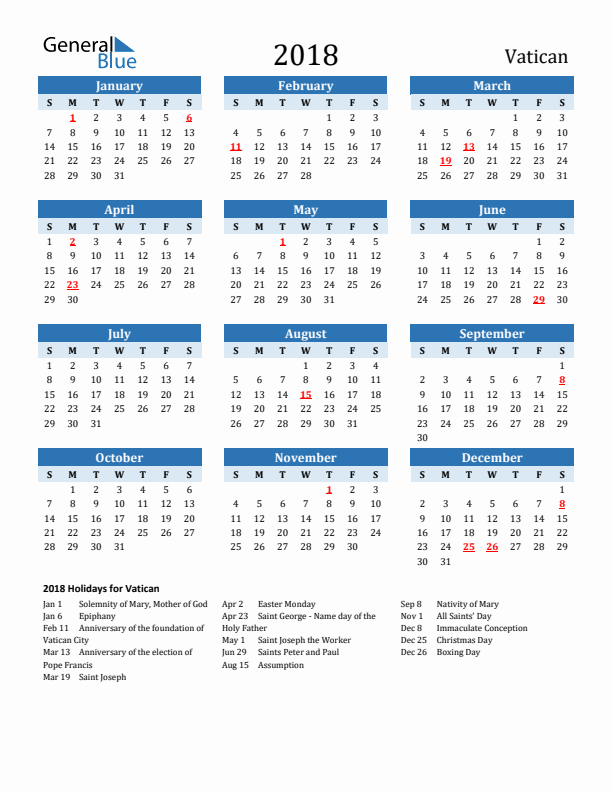 Printable Calendar 2018 with Vatican Holidays (Sunday Start)