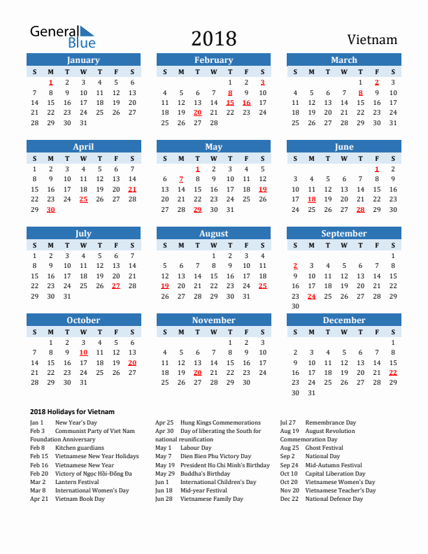 Printable Calendar 2018 with Vietnam Holidays (Sunday Start)