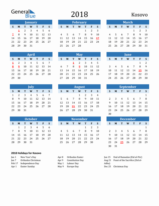 Printable Calendar 2018 with Kosovo Holidays (Sunday Start)