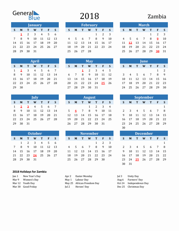 Printable Calendar 2018 with Zambia Holidays (Sunday Start)