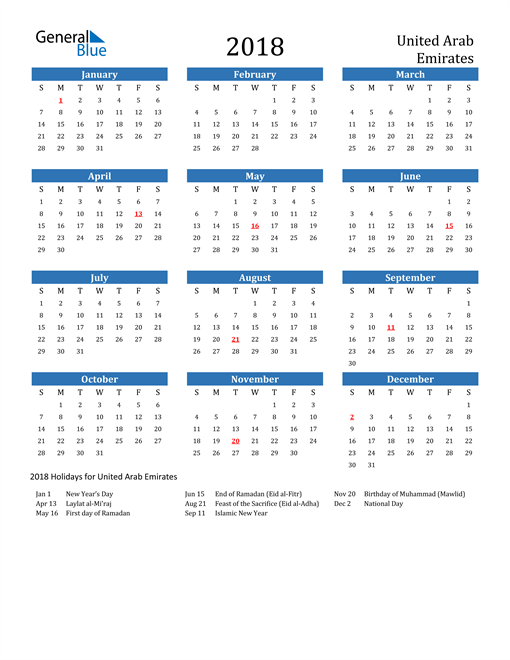 United Arab Emirates 2018 Calendar with Holidays