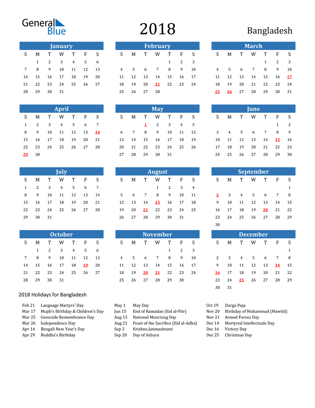 18 Bangladesh Calendar With Holidays