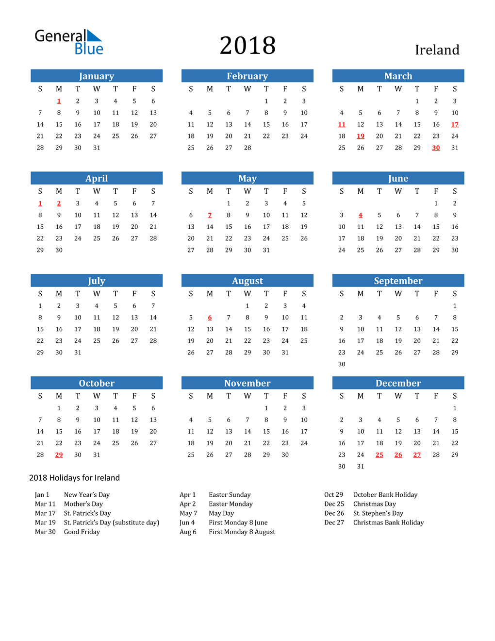 18 Ireland Calendar With Holidays