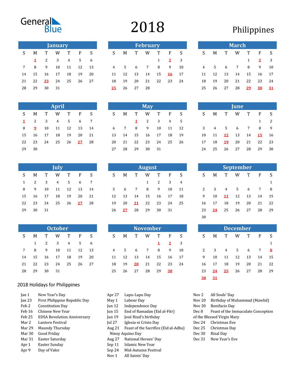 18 Philippines Calendar With Holidays