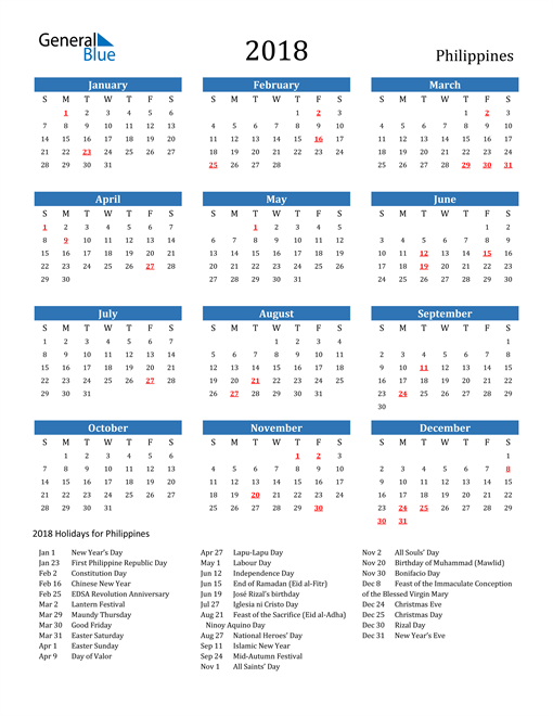 2018 Philippines Calendar with Holidays