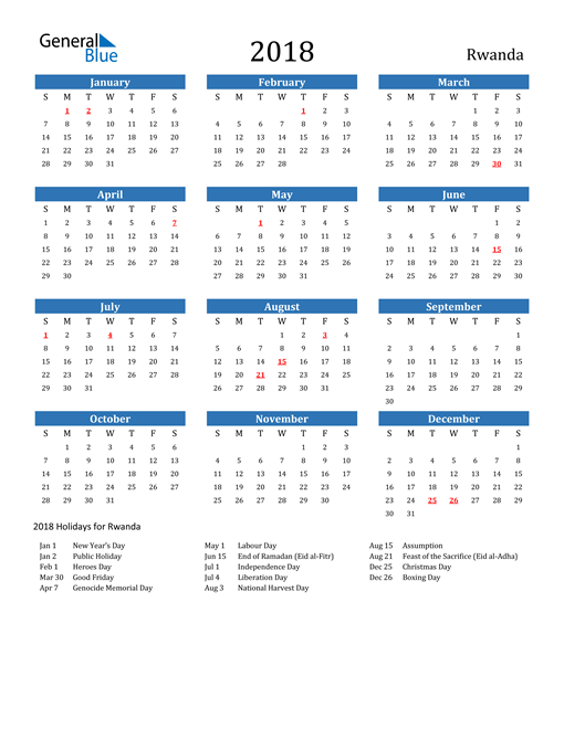 2018 Rwanda Calendar with Holidays