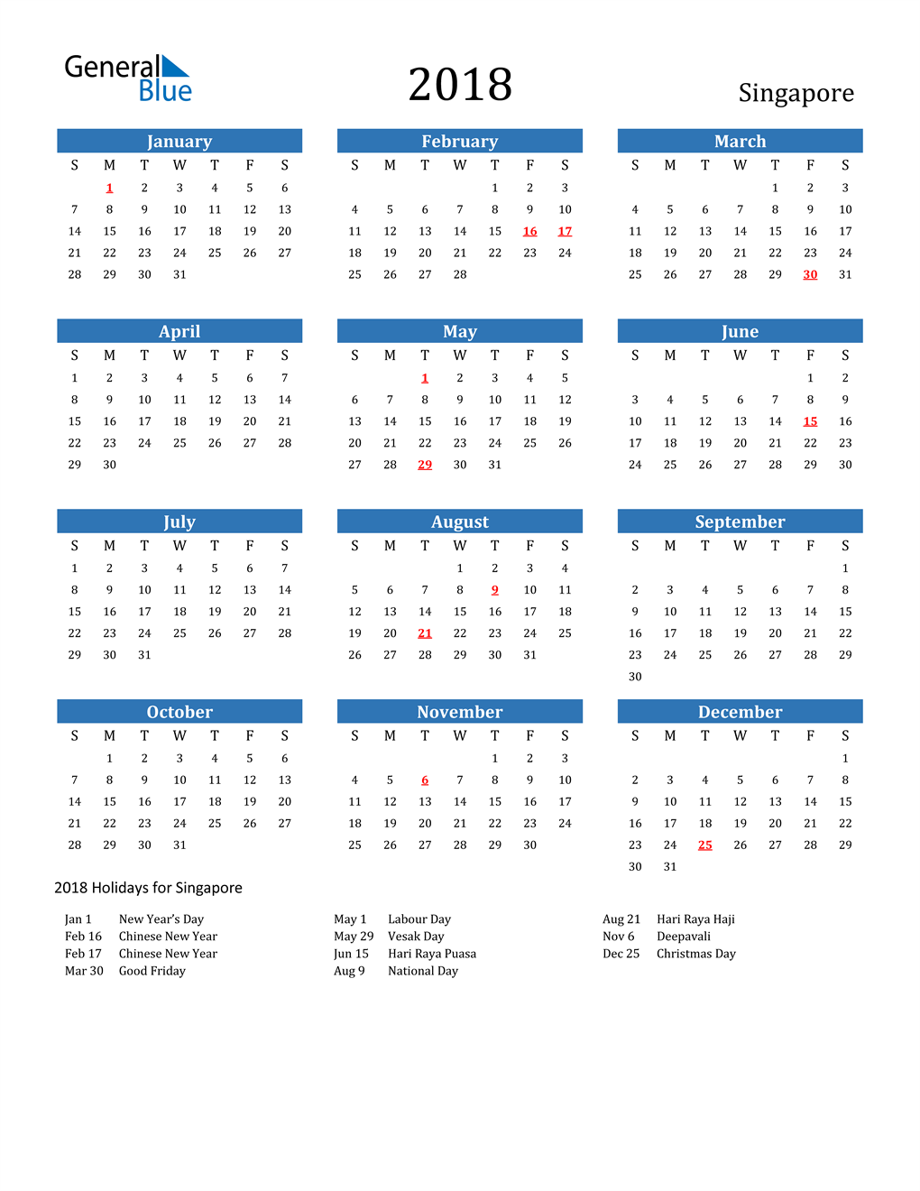 18 Singapore Calendar With Holidays