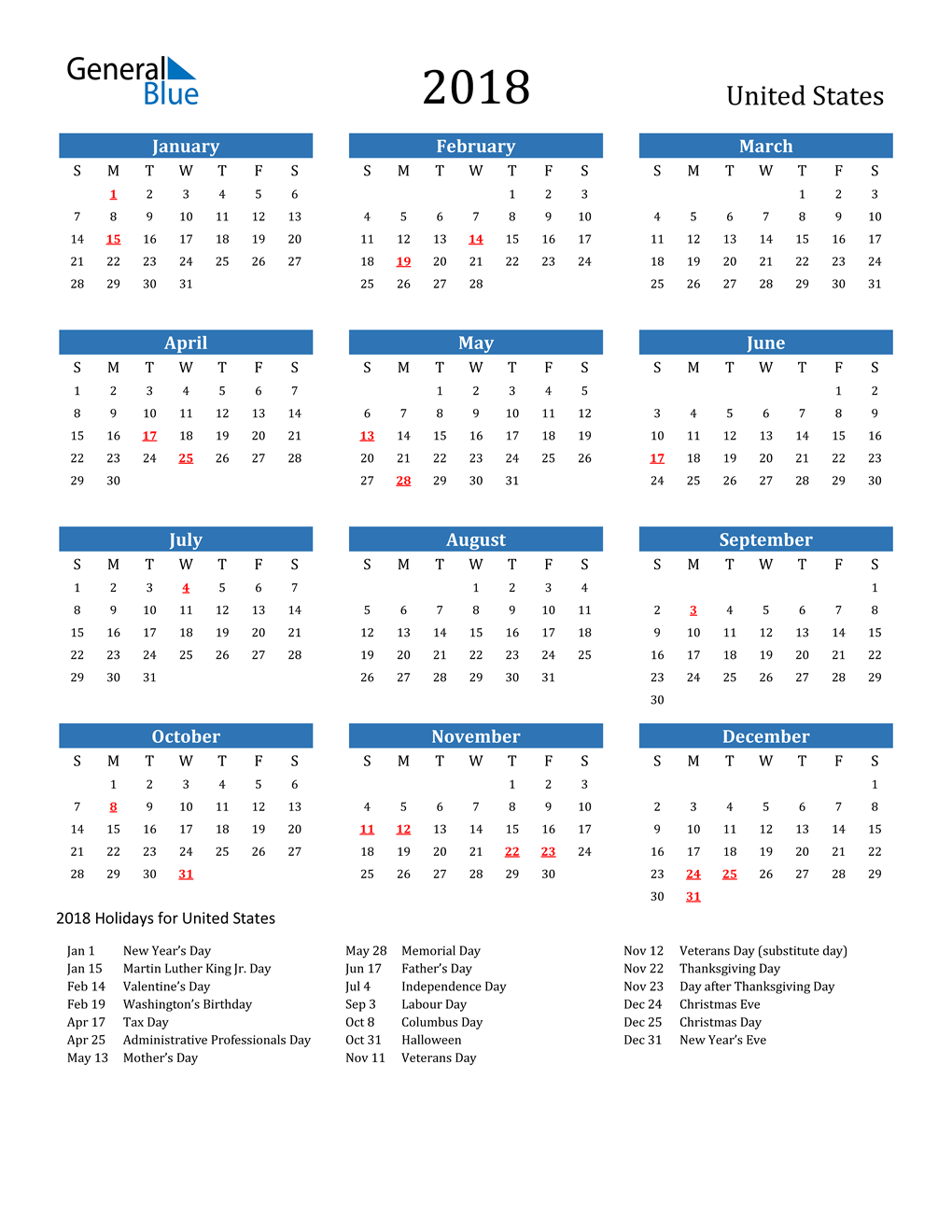 18 United States Calendar With Holidays