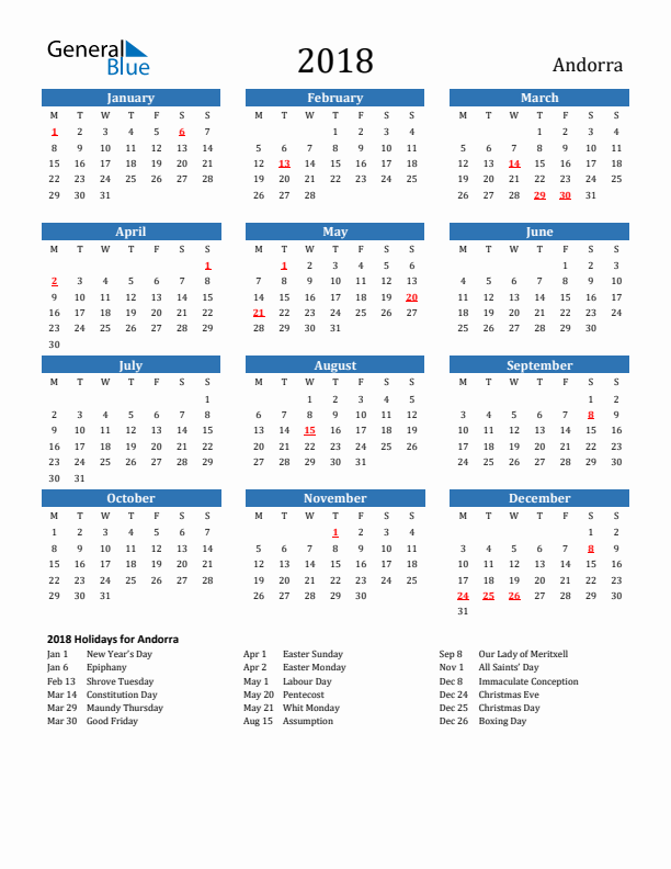 Andorra 2018 Calendar with Holidays