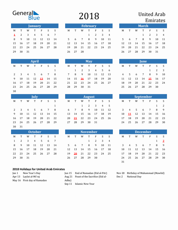 United Arab Emirates 2018 Calendar with Holidays