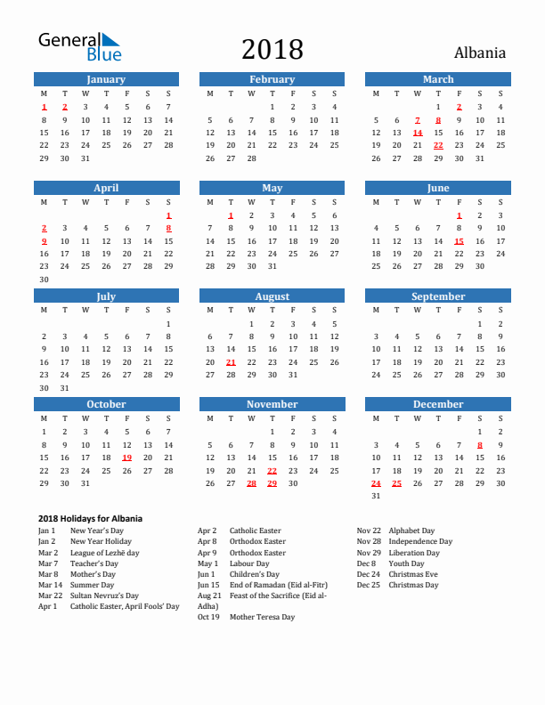 Albania 2018 Calendar with Holidays