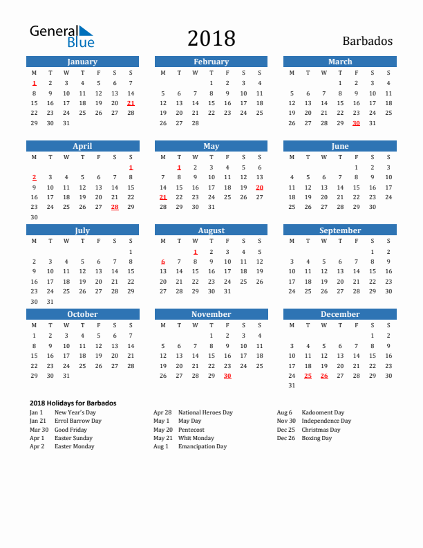 Barbados 2018 Calendar with Holidays
