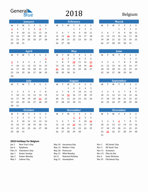 Belgium 2018 Calendar with Holidays