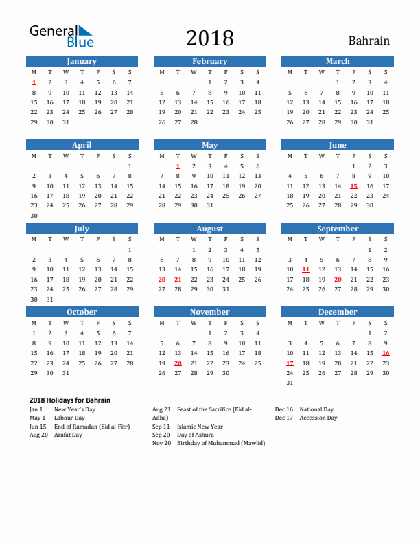 Bahrain 2018 Calendar with Holidays