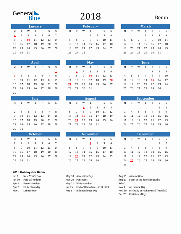Benin 2018 Calendar with Holidays