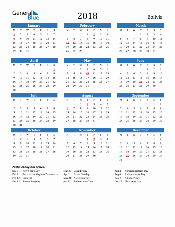 Bolivia 2018 Calendar with Holidays