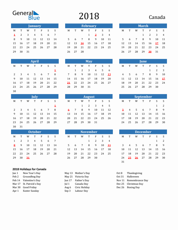 Canada 2018 Calendar with Holidays