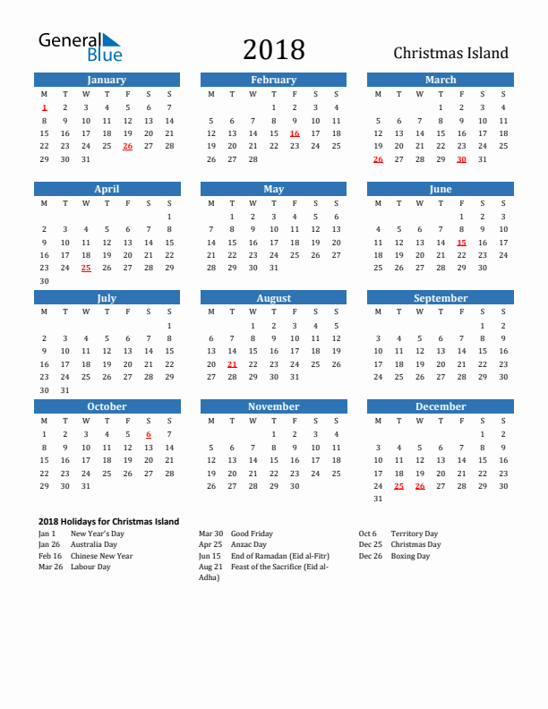 Christmas Island 2018 Calendar with Holidays