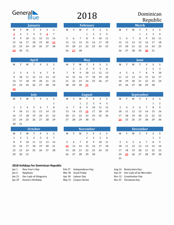 Dominican Republic 2018 Calendar with Holidays
