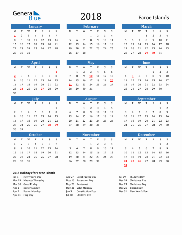 Faroe Islands 2018 Calendar with Holidays